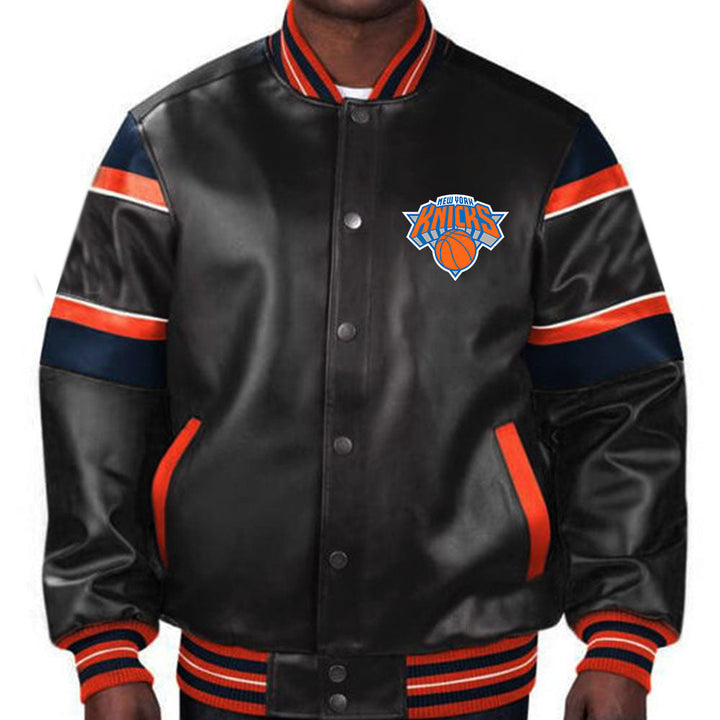 Stylish New York Knicks leather jacket featuring team colors for unisex wear in American Market