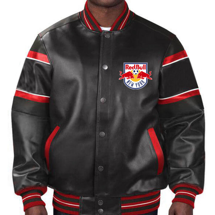 Stylish and durable New York Red Bulls leather jacket for soccer fans in American Market