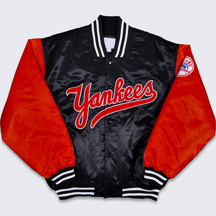 Front View 90’s NY Yankees Black and Red Satin Jacket