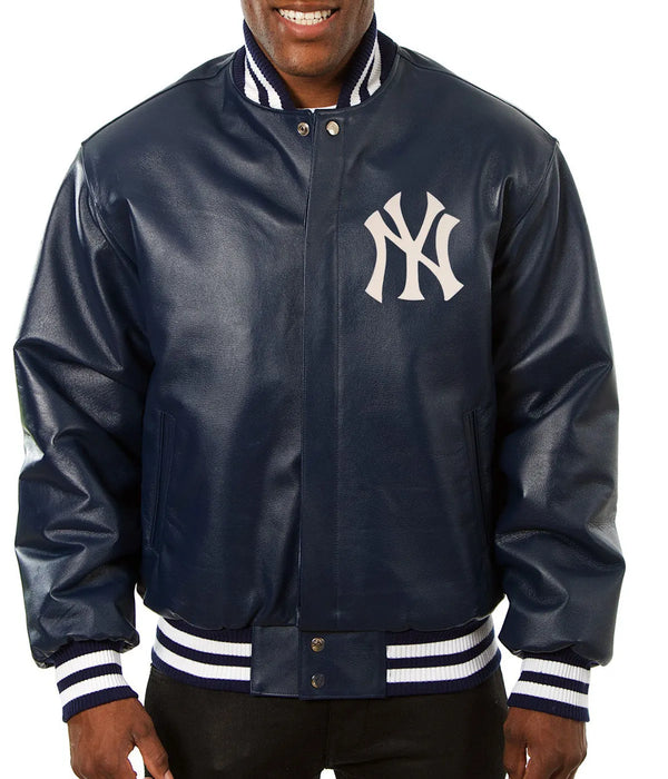 New York Yankees Navy Blue Bomber Leather Jacket Front View in USA