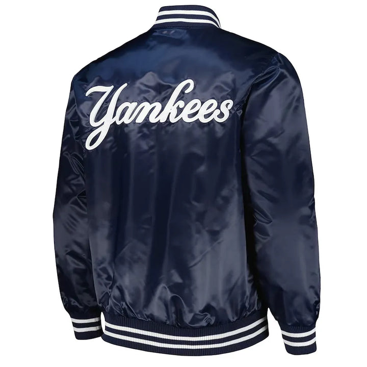 Back View NY Yankees Patch Navy Satin Jacket