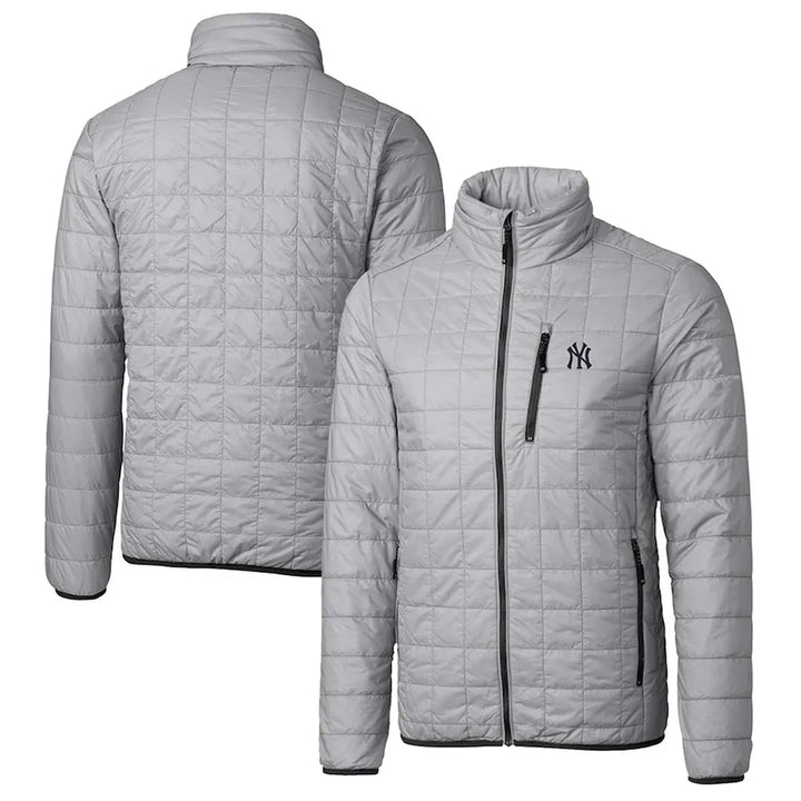 Front & Back View NY Yankees Full-Zip Grey Puffer Jacket