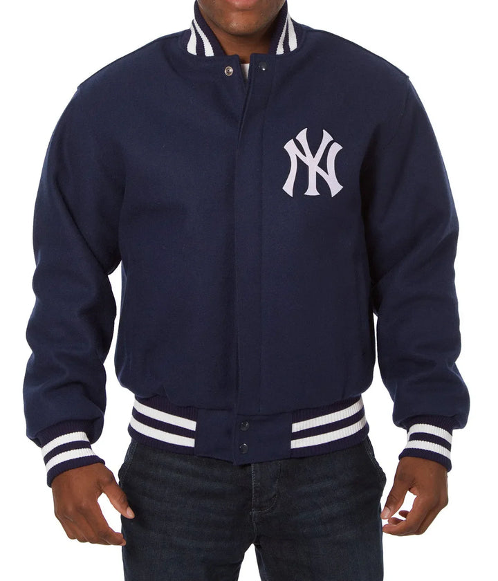 Stylish Blue Wool Jacket Featuring New York Yankees Logo in France style