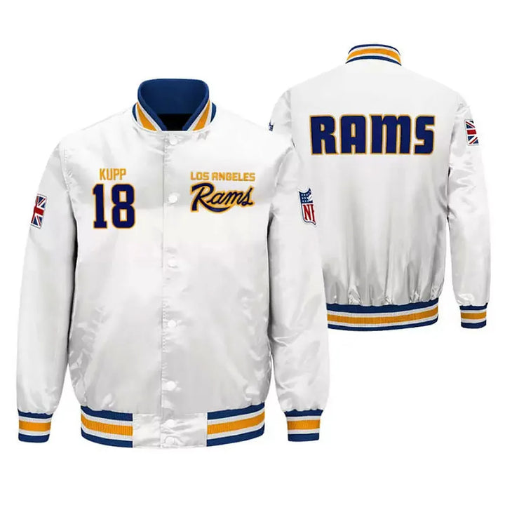 Trendy White Satin Jacket for LA Rams Fans
