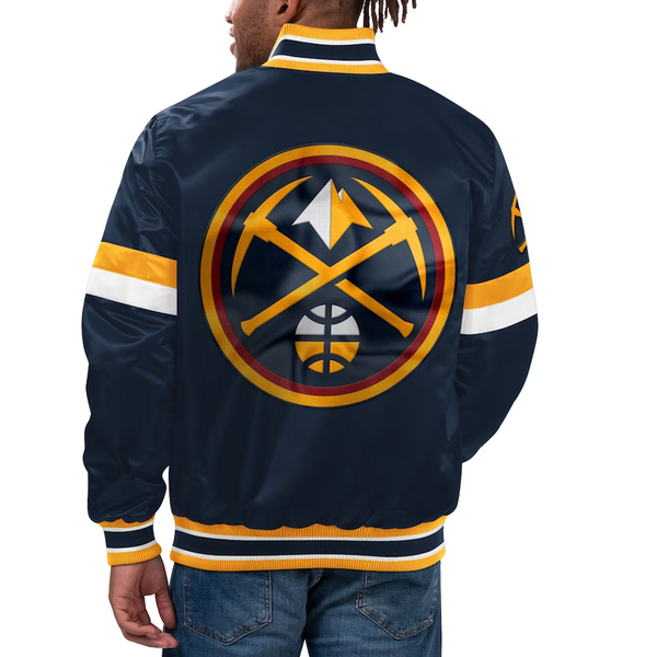 NBA Denver Nuggets navy satin varsity jacket with full-snap closure in USA