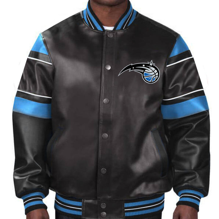 Stylish Orlando Magic leather jacket featuring team colors for unisex wear in United State Market