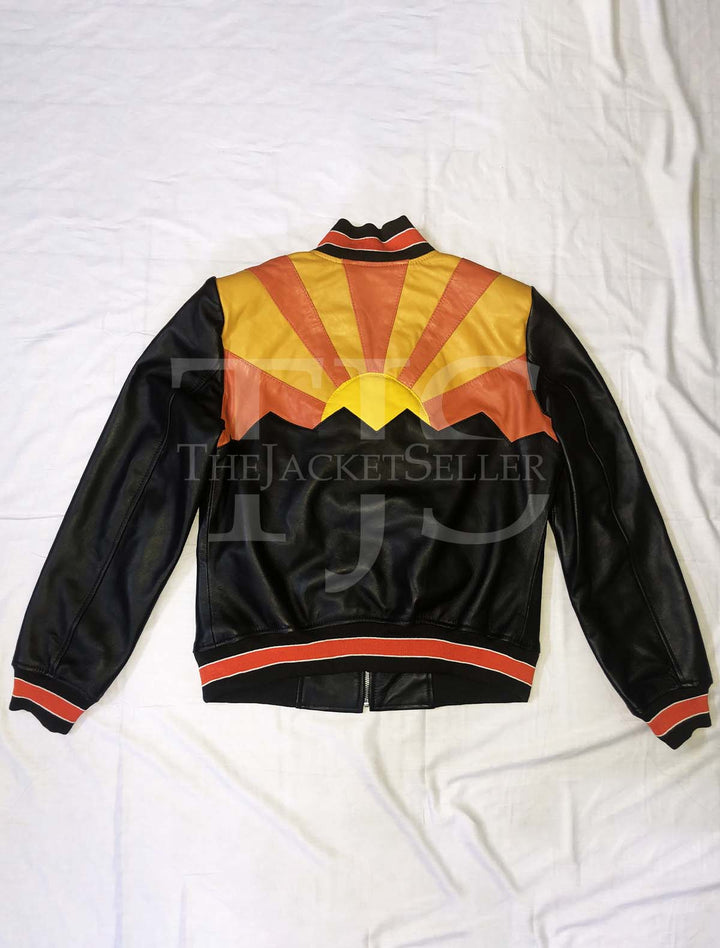 Retro leather jacket with sporty striped accents on collar and cuffs