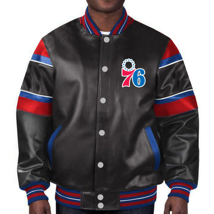 Stylish Philadelphia 76ers leather jacket featuring team colors for unisex wear in American Market