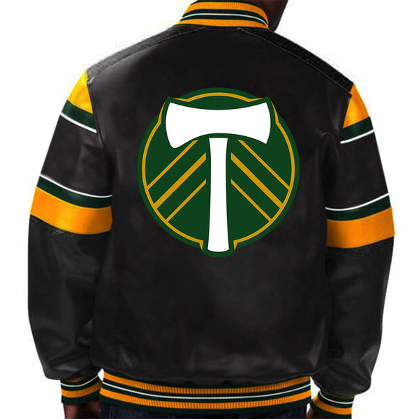 Stylish and durable leather jacket featuring Portland Timbers branding in USA