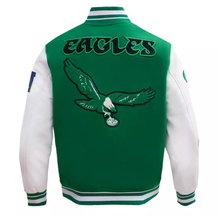 Close-up of Eagles patch and embroidered details on varsity football jacket in American Style