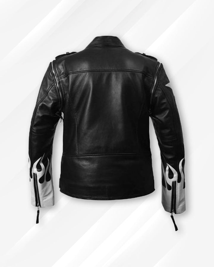 Bold black motorcycle jacket featuring striking white flames in France style