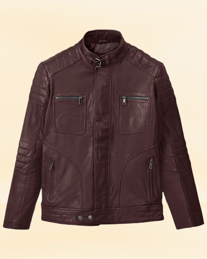 Durably crafted biker leather jacket in bold burgundy in USA