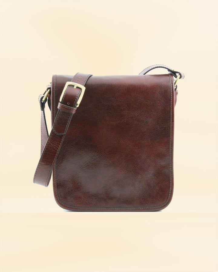 Hard-wearing leather two compartment vertical messenger bag built to last
