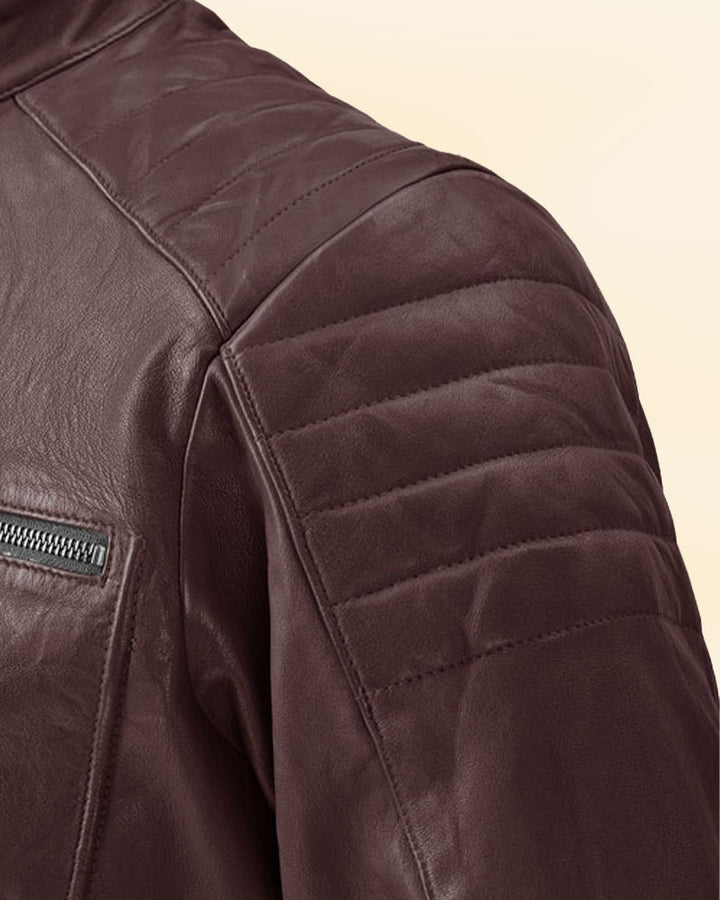 Stay warm and fashionable with a burgundy biker leather jacket in USA