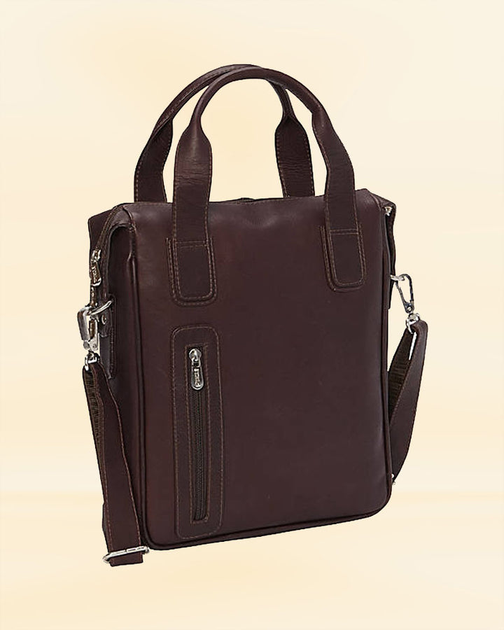 A front and back view of our leather vertical laptop briefcase, showing its functionality and design for the American market