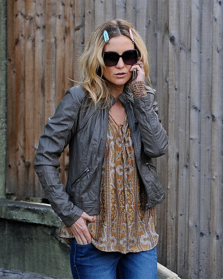 Gray leather jacket worn by Kate Hudson in usa