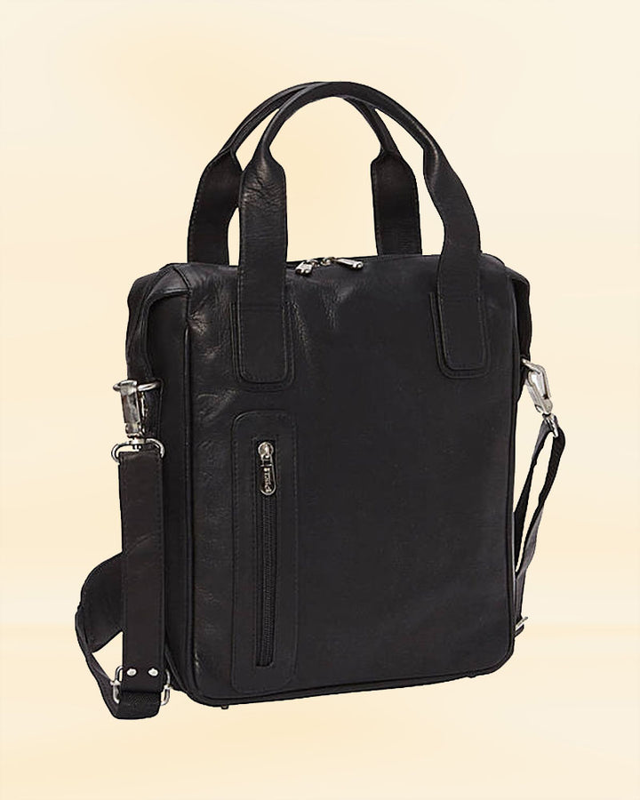 Our leather vertical laptop briefcase in a professional setting, ideal for the American business professional or student