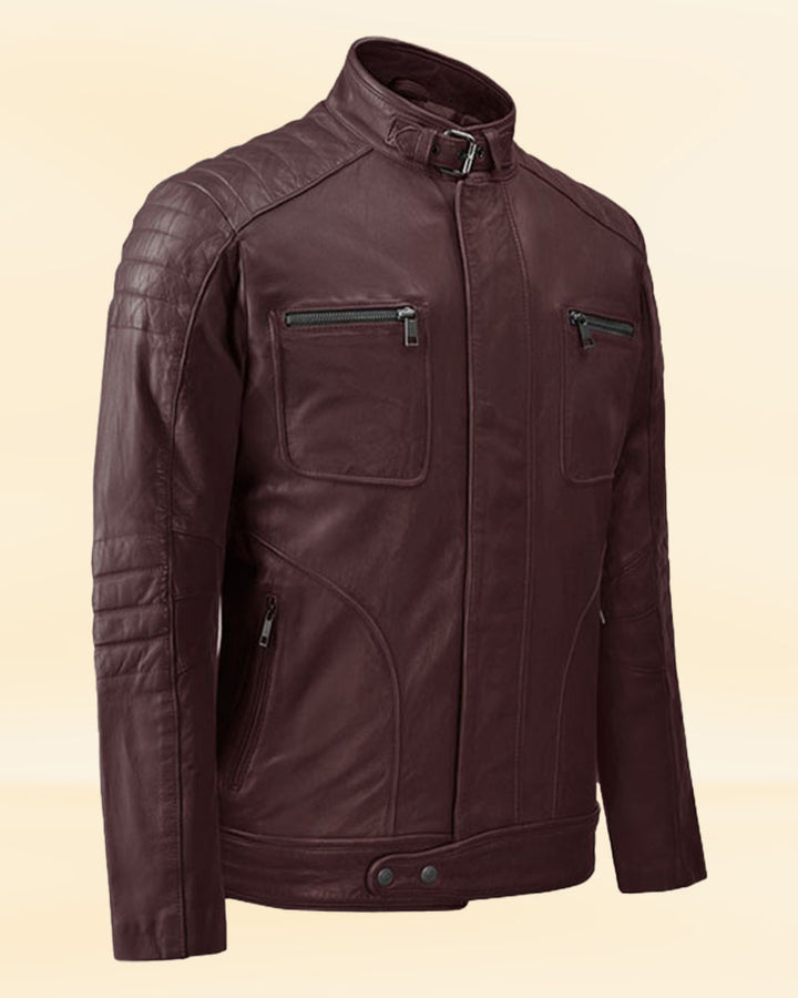 Experience superior comfort and protection in a burgundy biker leather jacket in USA