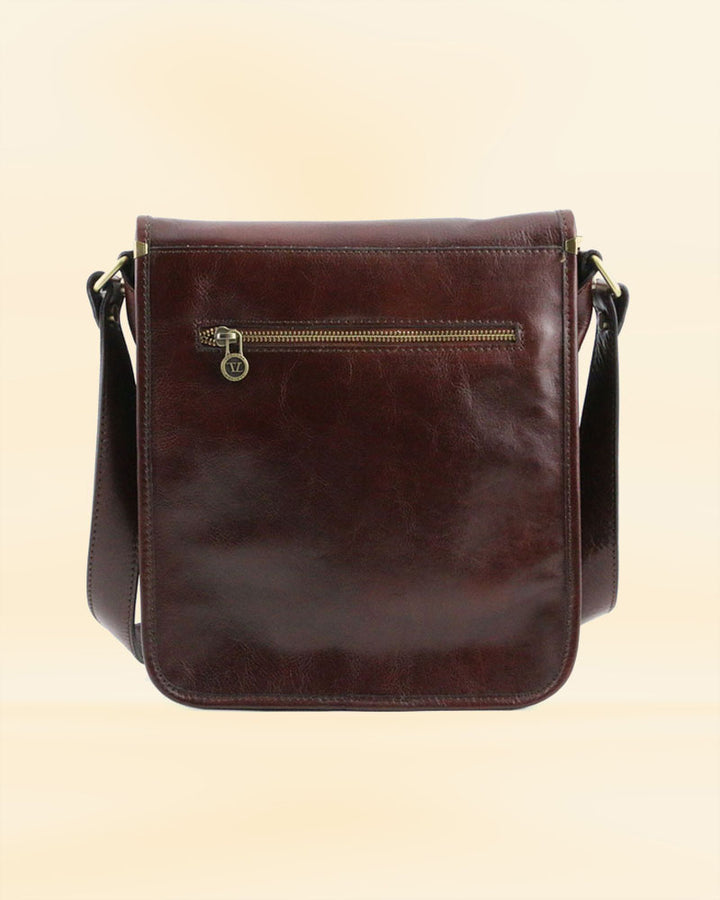 Versatile leather two compartment vertical messenger bag suitable for both work and travel