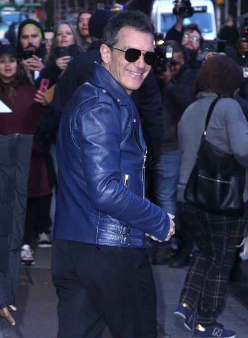 Fashionable leather jacket worn by Antonio Banderas in USA market