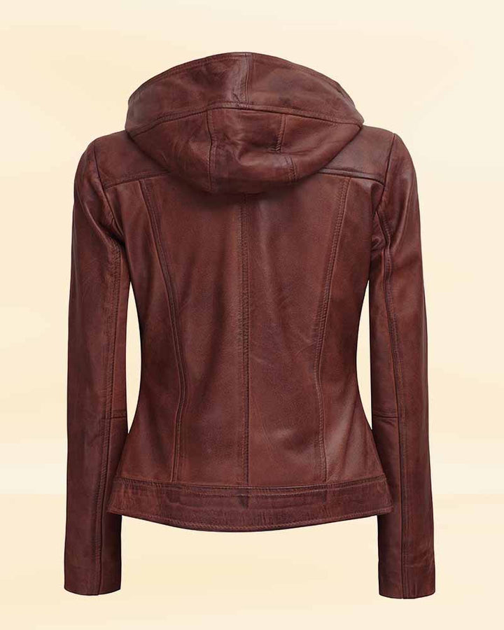 Elegant asymmetrical brown leather jacket with hood for a sleek look