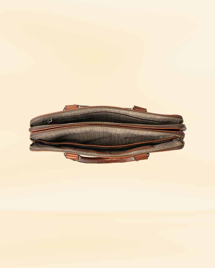 The high-quality leather finish of our attache, designed for the American market