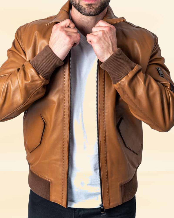 Stylish stitch brown leather jacket for men