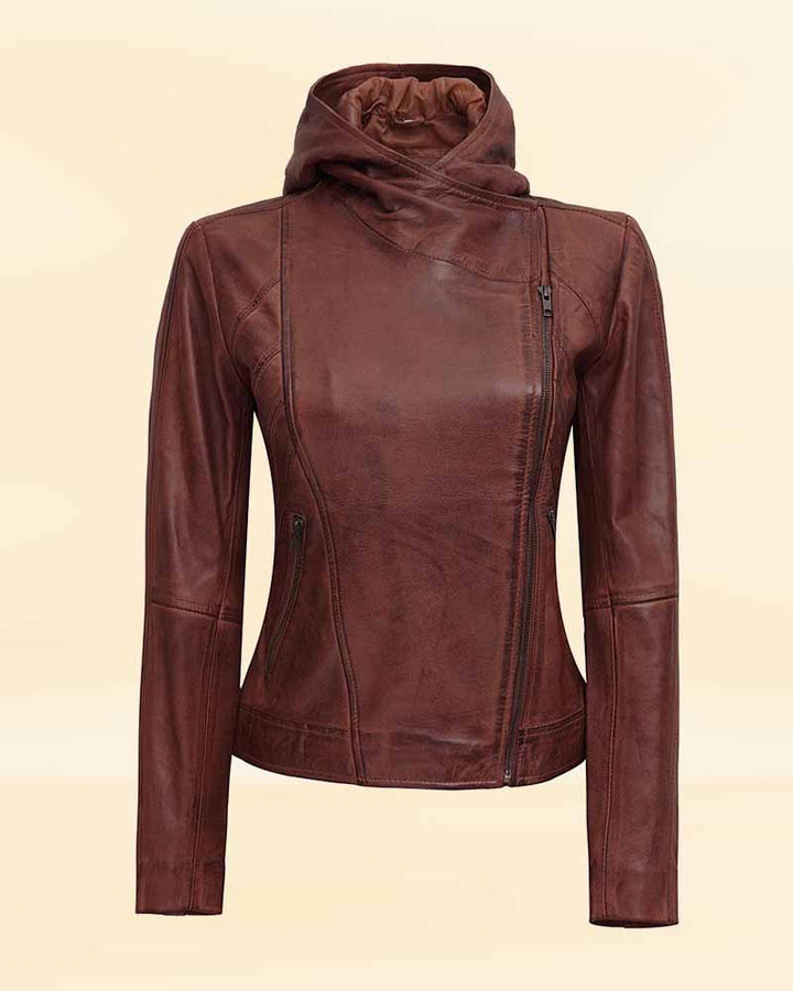 Classic asymmetrical brown leather jacket with hood for timeless style