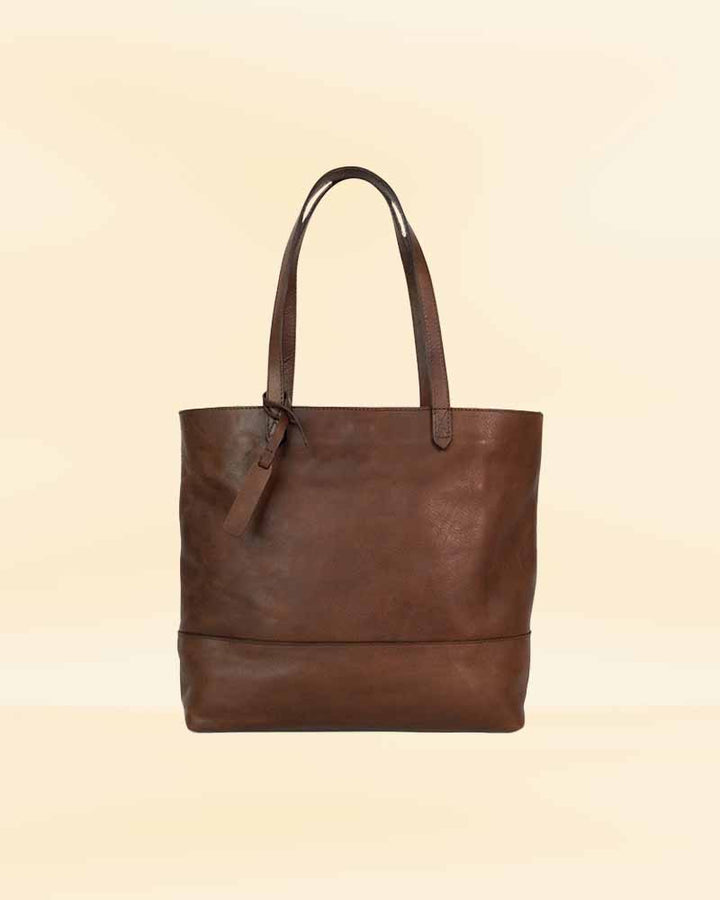 our leather tote bag, showing its functionality and design for the American market
