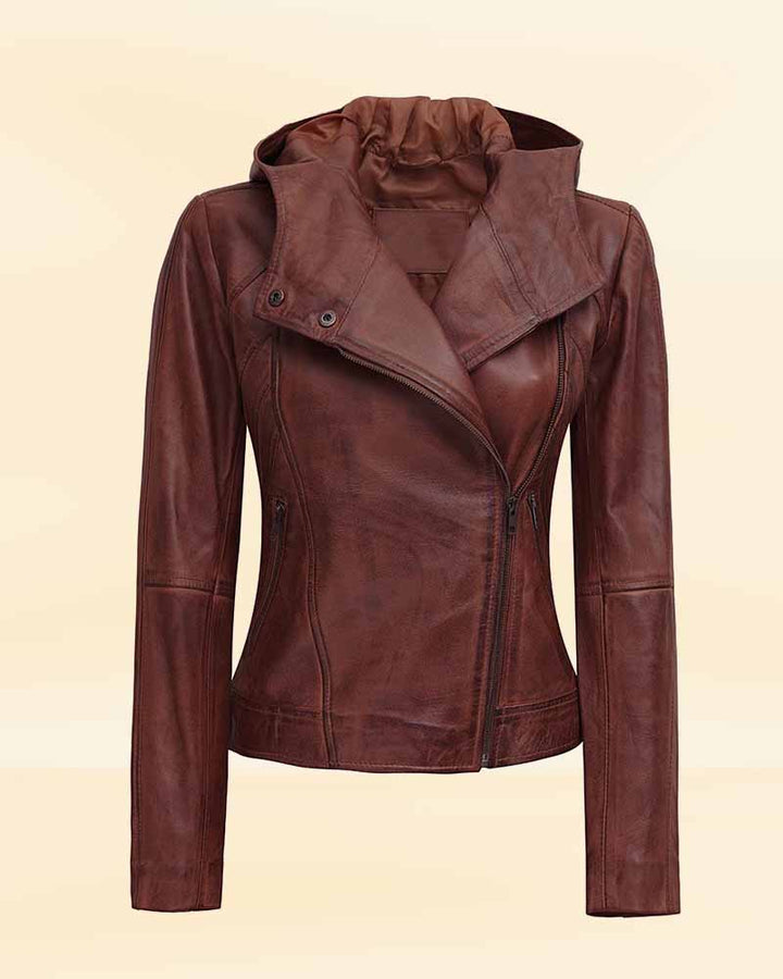 Sophisticated asymmetrical brown leather jacket with hood for the fashion-forward woman