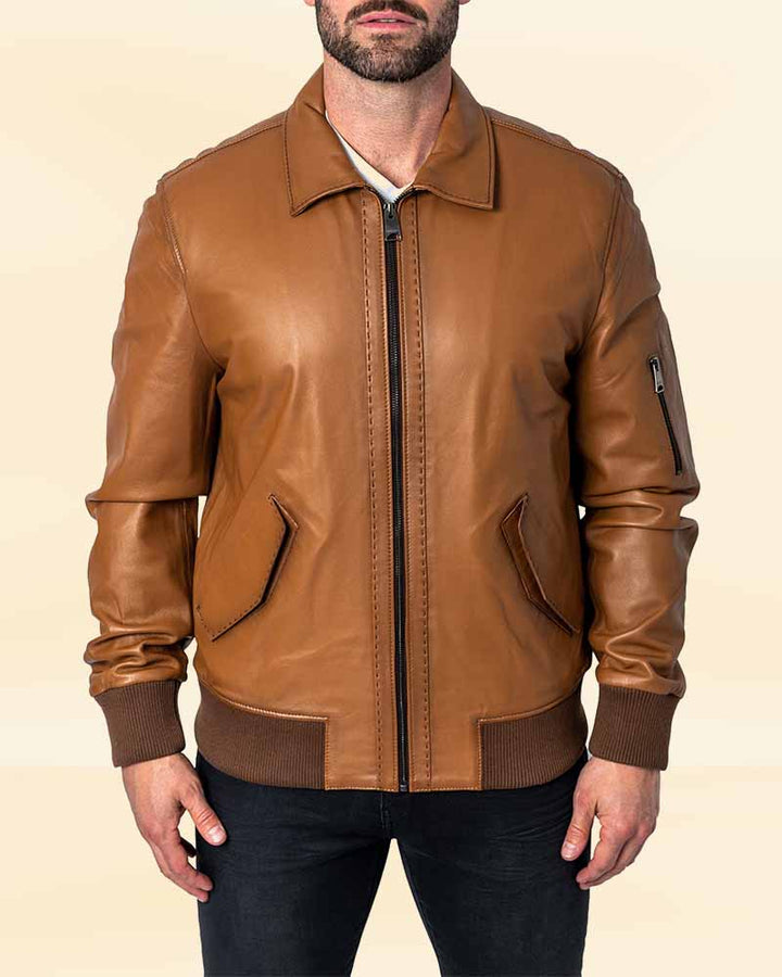 Sophisticated stitch brown leather jacket for the fashion-forward man