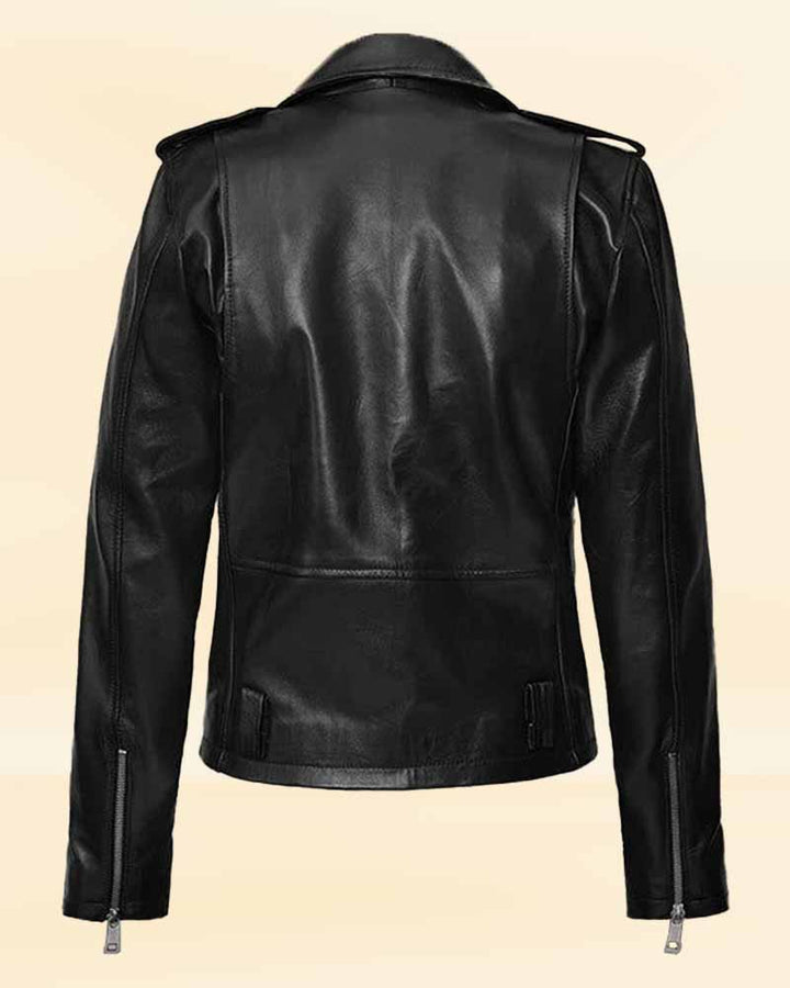 black leather jacket with asymmetrical zip closure