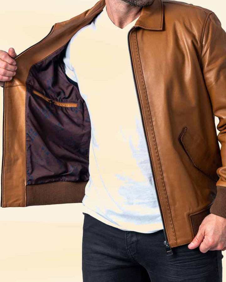 Elegant stitch brown leather jacket for a sleek look