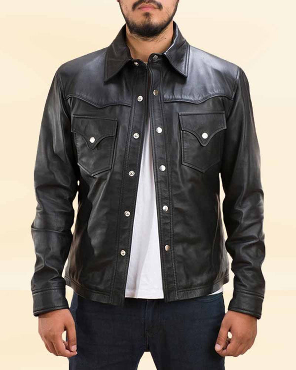 The timeless style of our Ranchson Black Leather Shirt, perfect for the American market