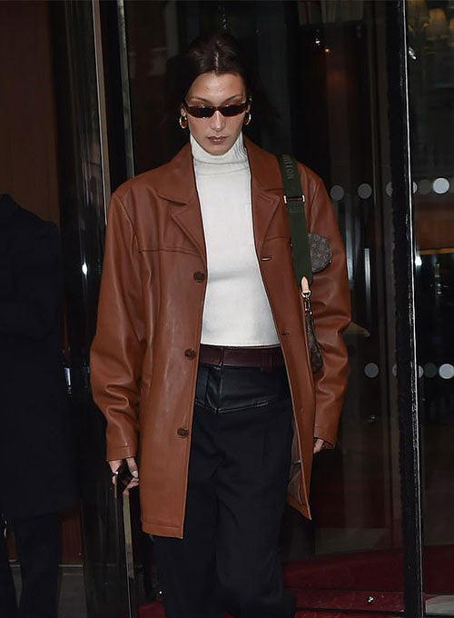 Bella Hadid's fashion-forward leather trench coat is a statement piece in France market