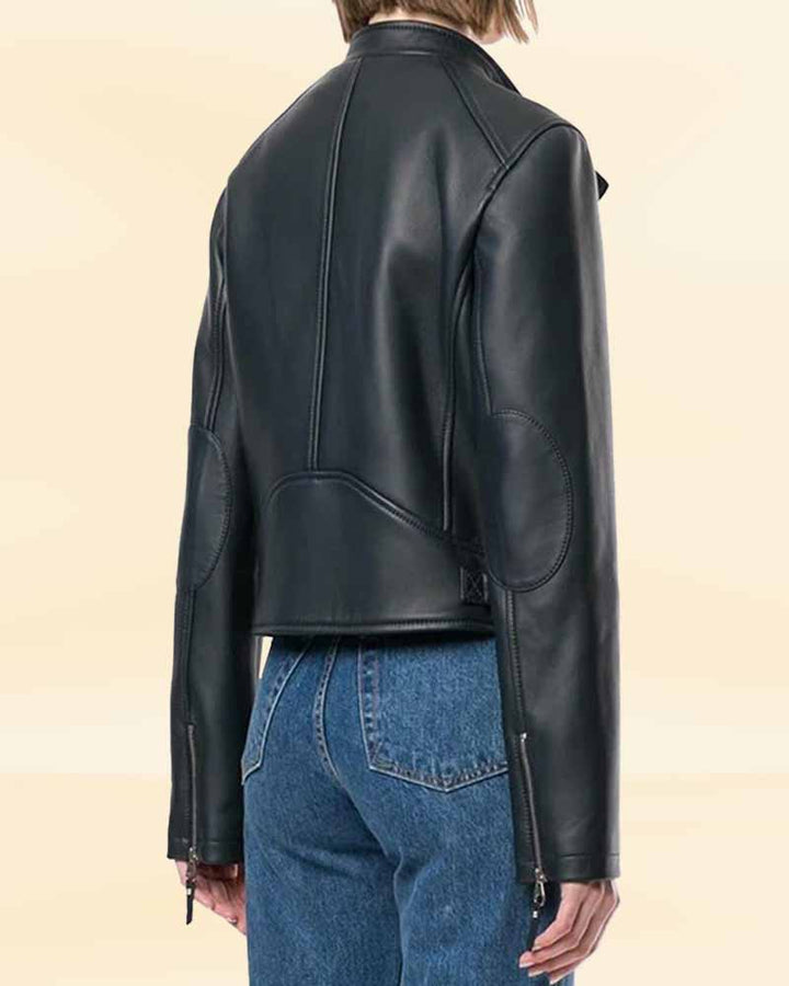 Women's Black Boxed Leather Jacket - Perfect for Any Occasion in USA