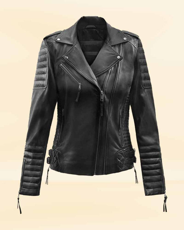 Women's dark charcoal leather jacket with a burnished finish in USA
