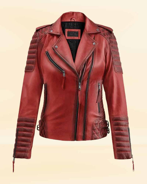 Stylish burnt red leather jacket for women in USA