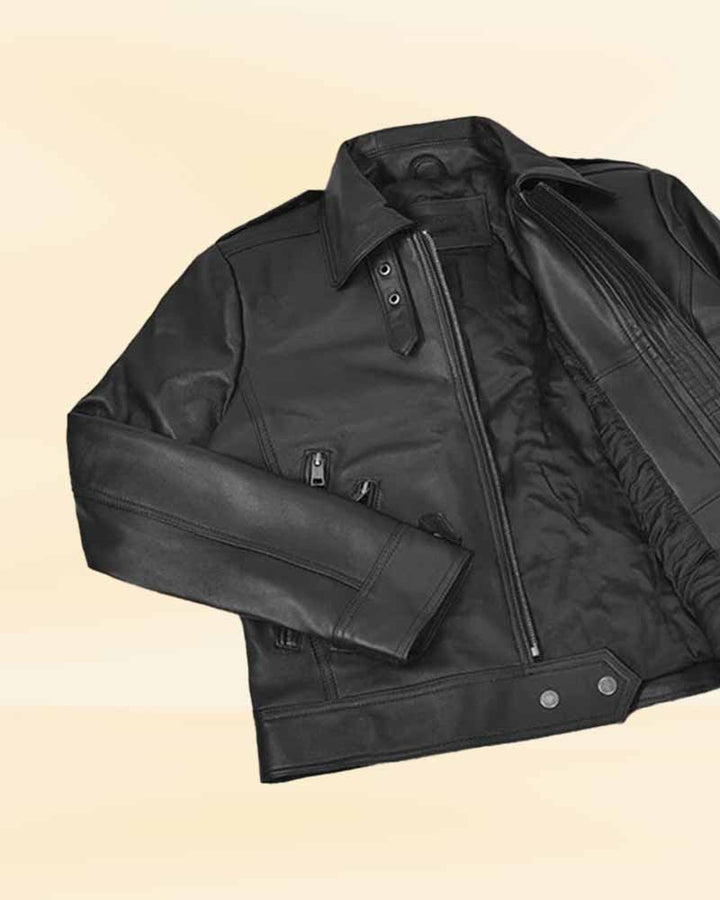 black leather jacket with zip closure