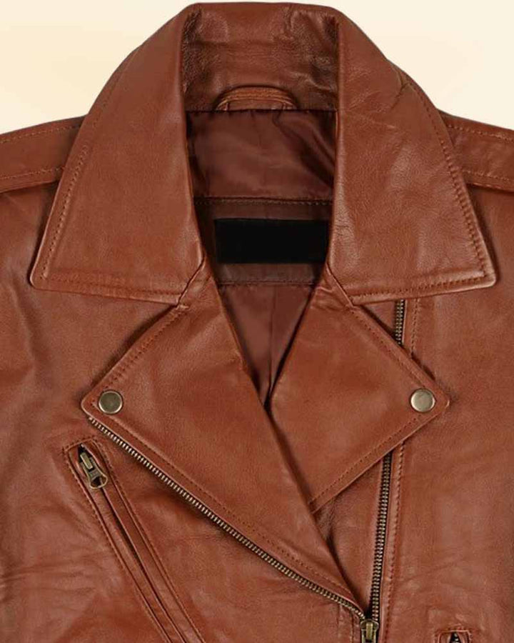 Unleash your inner fashionista with Emma Watson's brown leather jacket in USA market