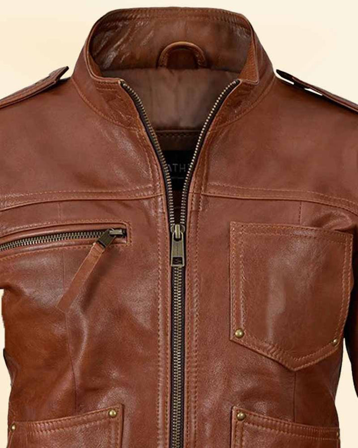 Step up your style game with a women's premium brown leather jacket in USA