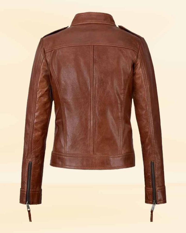 Unleash your inner fashion icon with a premium women's brown leather jacket in USA