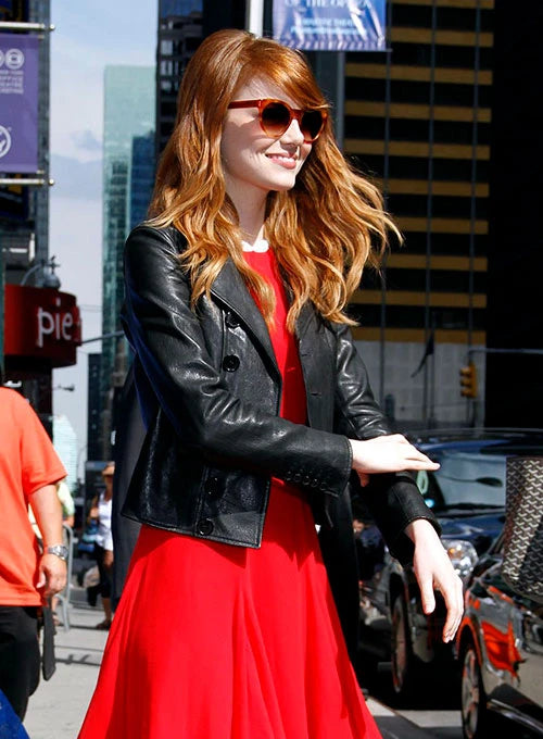 Get the celebrity look with this Emma Stone-inspired leather jacket in UK style