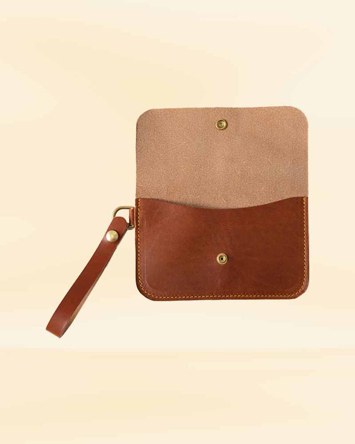 Stylish tan Dublin leather wristlet purse in usa