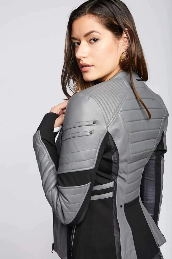 Sleek leather jacket suitable for men and women in grey and black in United state market