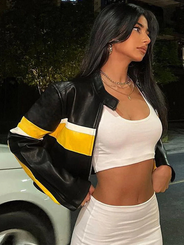 Trendy Cropped Leather Jacket Featuring Vibrant Yellow Stripes in United state market