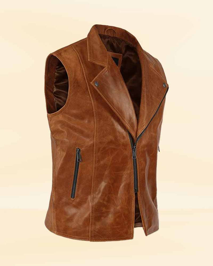 Brown leather vest with snap button closure