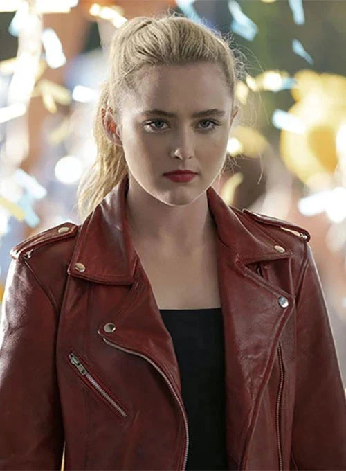 Kathryn Newton's fashion-forward look with a leather jacket in Freaky. in USA market