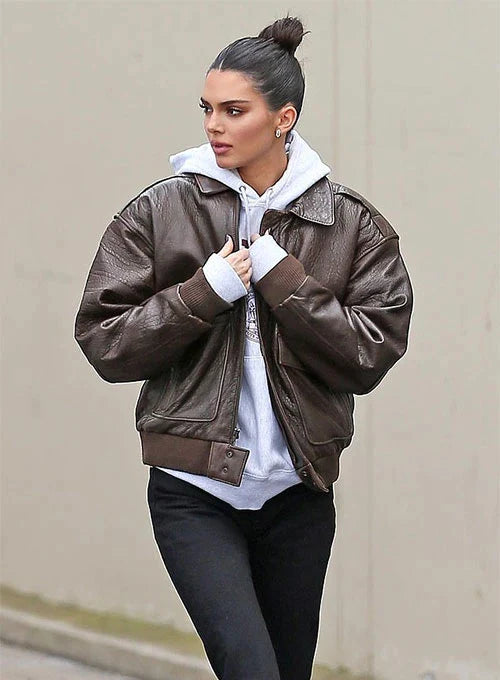 Stylish Dark Brown Leather Jacket Worn By Kendall Jenner | Kendall Jenner Stylish Dark Brown Leather Jacket