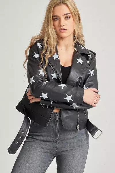 Edgy Women's Black Leather Biker Jacket with Stars in USA